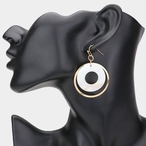 Gold and White 2.15" Mother of Pearl Cut Out Round Drop Hoop Dangle Earrings